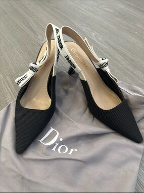 Dior Black Pointed J'Adior Slingback Pumps with White Logo Ribbon